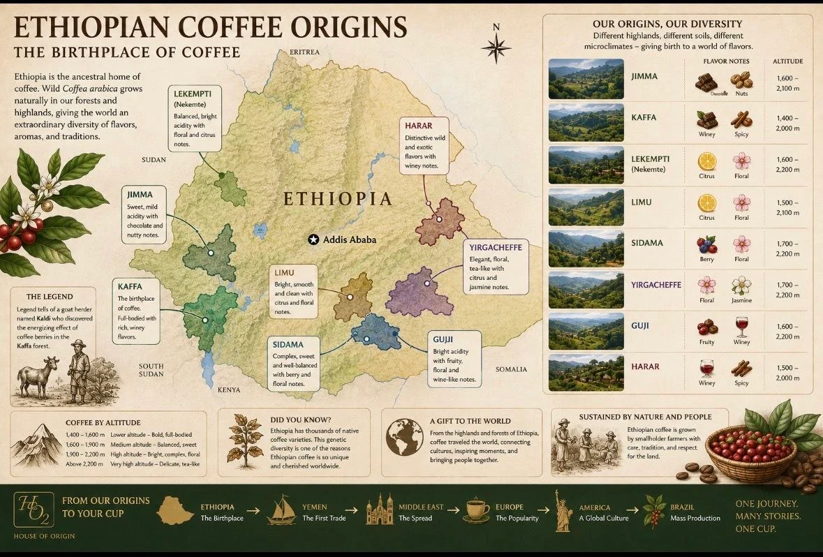 Map plate showing the Ethiopian coffee growing regions