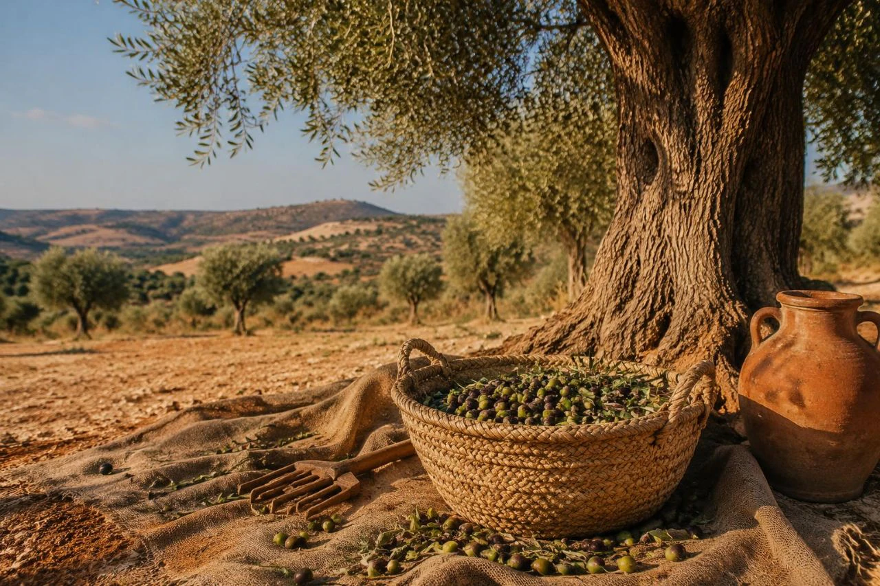 Old Mediterranean olive grove in low afternoon light