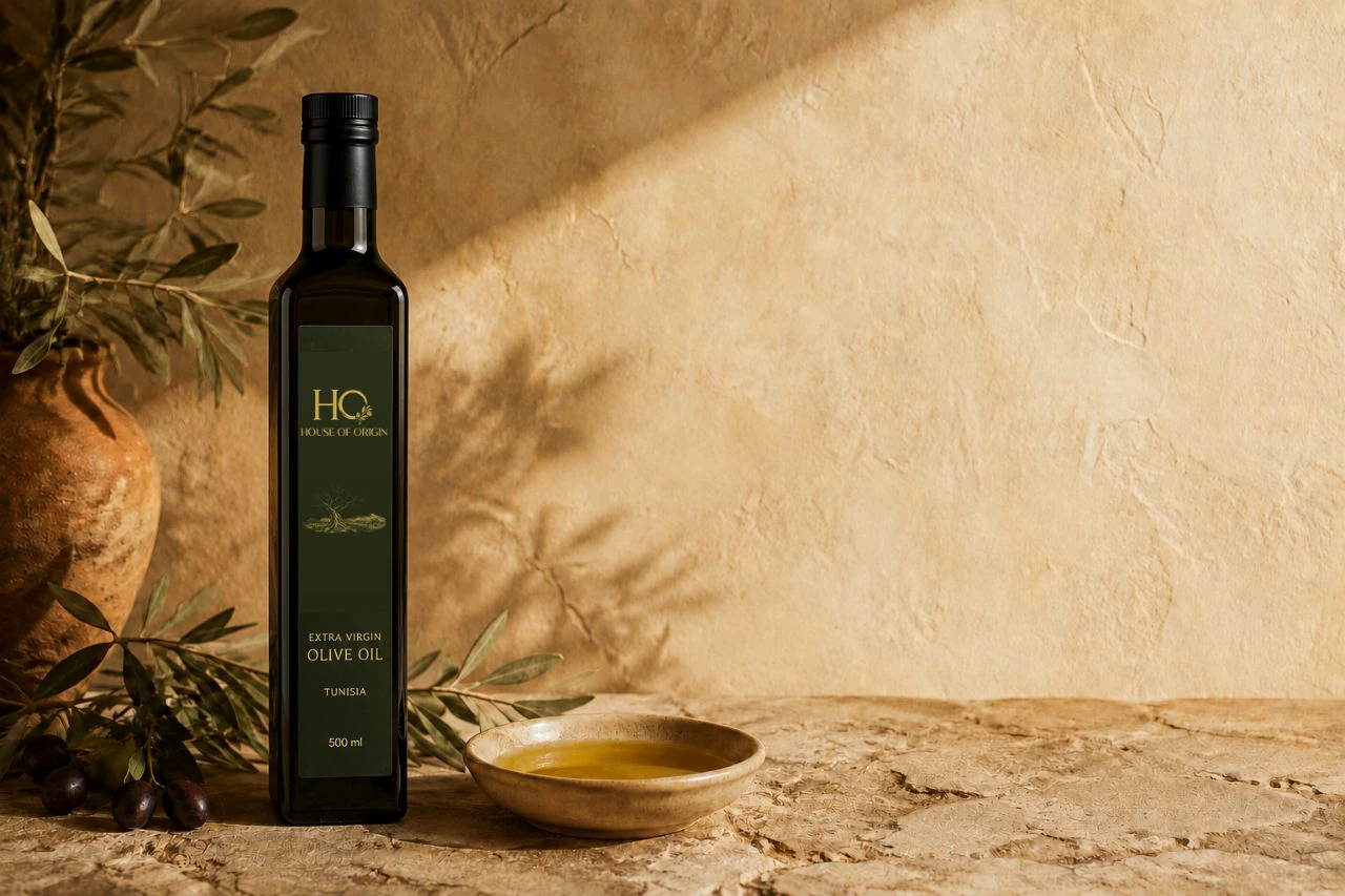 House of Origin extra virgin olive oil in a 500 ml dark glass bottle beside an olive branch